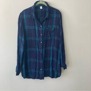 Old Navy Navy and Teal Plaid Shirt with Shimmer Strip